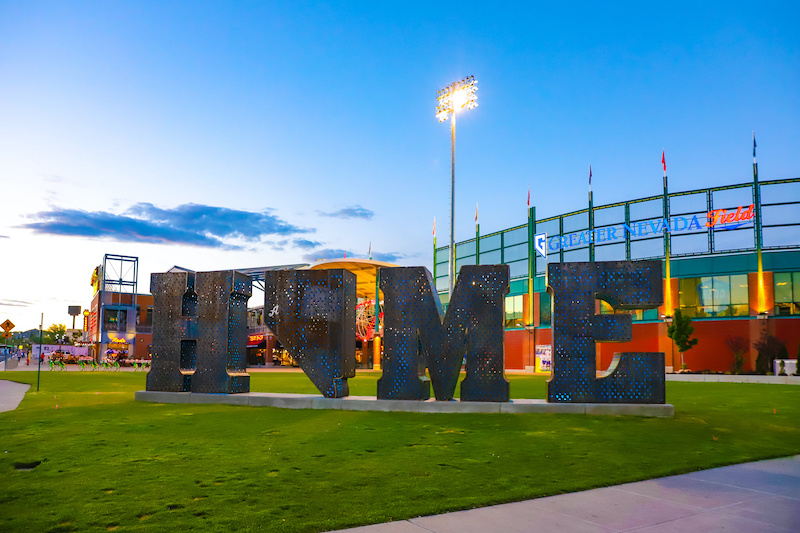 RENO, NEVADA, UNITED STATES - May 14, 2019: HOME, a steel sculpture by artists Laura Kimpton and Jeff Schomberg, is displayed in downtown Reno on the lawn of Greater Nevada Field, home of the Re