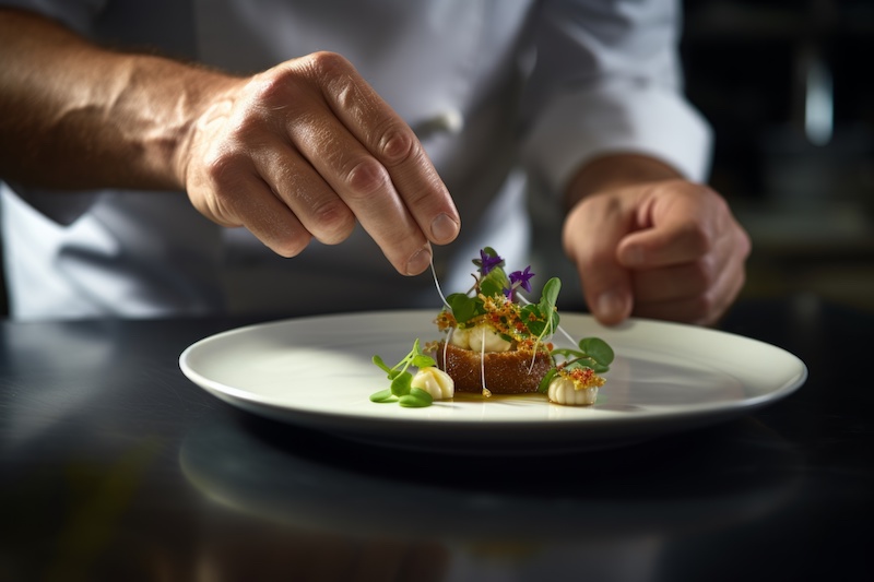 Master chef cook man hands precisely cooking dressing preparing tasty fresh delicious mouthwatering gourmet dish food on plate to customers 5-star michelin restaurant kitchen close-up detailed artwork. High quality photo