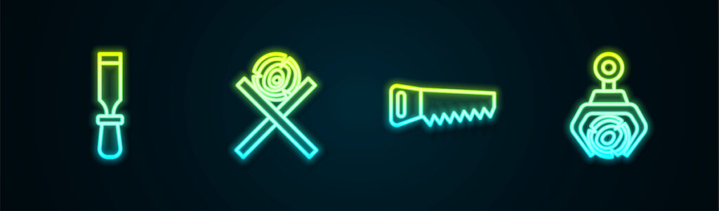 Set line Chisel tool, Wooden logs on a stand, Hand saw and Grapple crane grabbed. Glowing neon icon. Vector